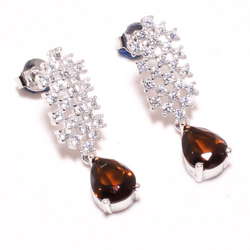 Smoky Quartz & White Topaz 925 Sterling Silver Jewelry Earring, Drop Dangle Earring, Gift For Her, Pear Earring, Brown Earring, Silver Jewelry Earring