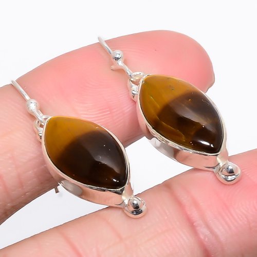Thai Tiger'S Eye 925 Sterling Silver Earring, Drop Dangle Earring, Gift For Her, Marquise Earring, Yellow Earring, Silver Jewelry Earring
