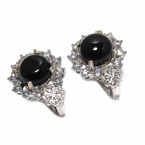 Brazilian Black Onyx & Cubic Zirconia 925 Silver Earring, Drop Dangle Earring, Gift For Her, Round Earring, Black Earring, Silver Jewelry Earring