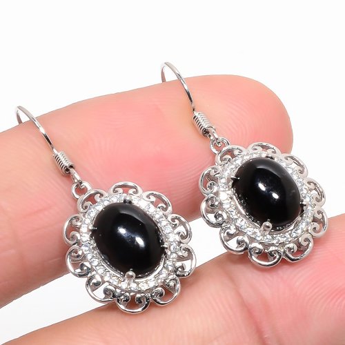 Brazilian Black Onyx & Cubic Zirconia 925 Sterling Silver Jewelry Earring, Drop Dangle Earring, Gift For Her, Oval Earring, Black Earring, Silver Jewelry Earring