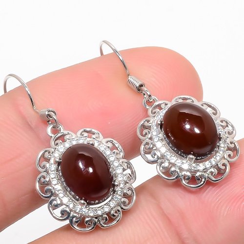 Red Onyx & Cubic Zirconia 925 Sterling Silver Jewelry Earring, Drop Dangle Earring, Gift For Her, Oval Earring, Red Earring, Silver Jewelry Earring