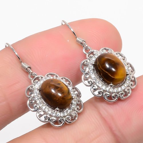 Tiger'S Eye & Cubic Zirconia 925 Sterling Silver Jewelry Earring, Drop Dangle Earring, Gift For Her, Oval Earring, Yellow Earring, Silver Jewelry Earring