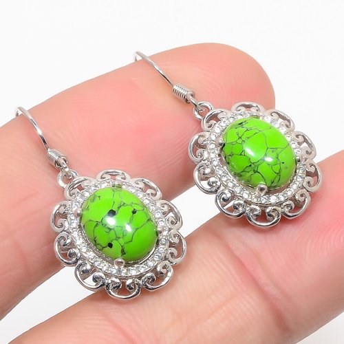 Green Turquoise & CZ 925 Sterling Silver Jewelry Earring, Drop Dangle Earring, Gift For Her, Oval Earring, Green Earring, Silver Jewelry Earring