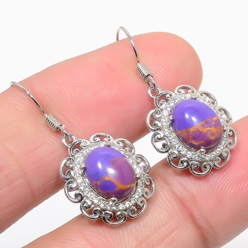 Copper Purple Turquoise & CZ 925 Sterling Silver Jewelry Earring, Drop Dangle Earring, Gift For Her, Oval Earring, Purple Earring, Silver Jewelry Earring