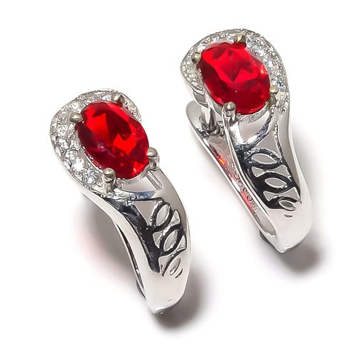 Mozambique Garnet & CZ 925 Sterling Silver Jewelry Earring, Drop Dangle Earring, Gift For Her, Oval Earring, Red Earring, Silver Jewelry Earring
