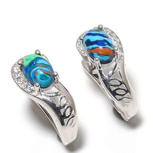 Rainbow Calsilica & CZ 925 Sterling Silver Jewelry Earring, Drop Dangle Earring, Gift For Her, Oval Earring, Blue Earring, Silver Jewelry Earring