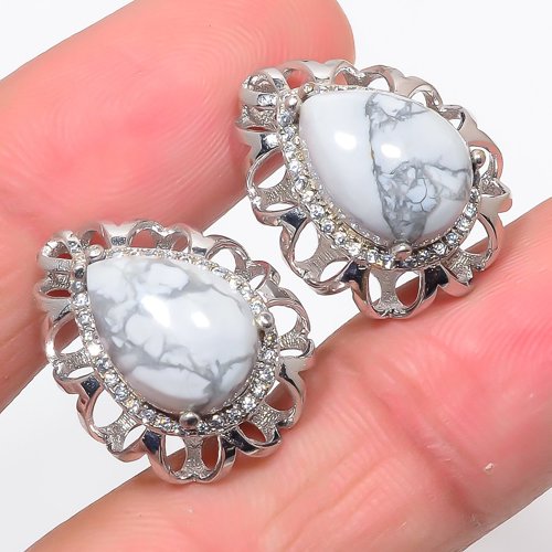 American Howlite & Cubic Zirconia 925 Sterling Silver Jewelry Earring, Drop Dangle Earring, Gift For Her, Pear Earring, White Earring, Silver Jewelry Earring