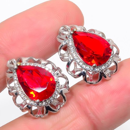Mozambique Garnet & Cubic Zirconia 925 Silver Earring 0.94" T8697