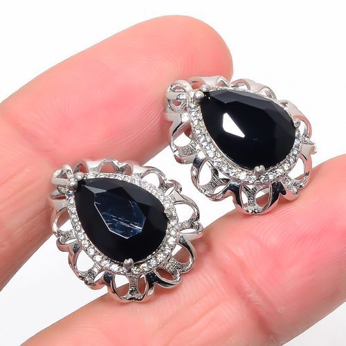 Brazilian Black Onyx & CZ 925 Sterling Silver Jewelry Earring, Drop Dangle Earring, Gift For Her, Pear Earring, Black Earring, Silver Jewelry Earring