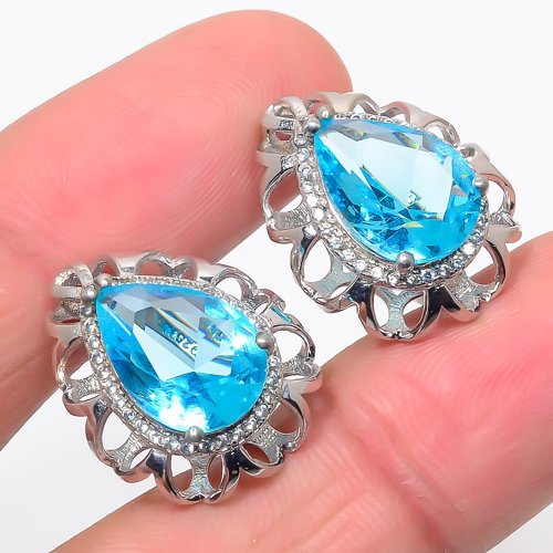 Swiss Blue Topaz & CZ 925 Sterling Silver Earring 0.94" T882