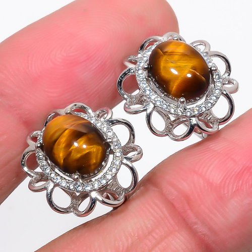 Tiger'S Eye & Cubic Zirconia 925 Sterling Silver Jewelry Earring, Drop Dangle Earring, Gift For Her, Oval Earring, Yellow Earring, Silver Jewelry Earring