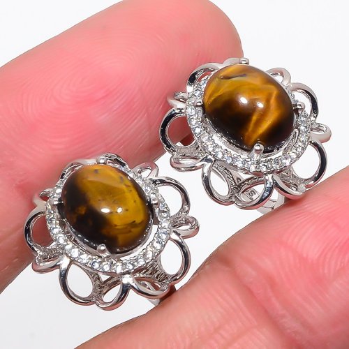 Tiger'S Eye & Cubic Zirconia 925 Sterling Silver Jewelry Earring, Drop Dangle Earring, Gift For Her, Oval Earring, Yellow Earring, Silver Jewelry Earring