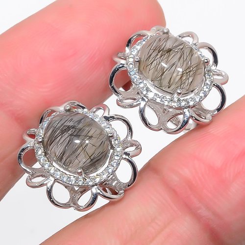 Sri Lankan Salt Paper Rutilated Quartz, Cz 925 Sterling Silver Jewelry Earring, Drop Dangle Earring, Gift For Her, Oval Earring, Black Earring, Silver Jewelry Earring