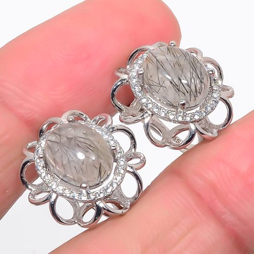 Sri Lankan Salt Paper Rutilated Quartz & Cz 925 Sterling Silver Jewelry Earring, Drop Dangle Earring, Gift For Her, Oval Earring, Black Earring, Silver Jewelry Earring