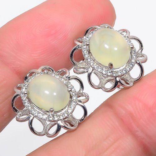 African Prehnite & Cubic Zirconia 925 Sterling Silver Jewelry Earring, Drop Dangle Earring, Gift For Her, Oval Earring, Green Earring, Silver Jewelry Earring