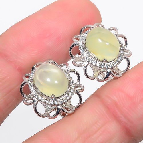 African Prehnite & Cubic Zirconia 925 Sterling Silver Jewelry Earring, Drop Dangle Earring, Gift For Her, Oval Earring, Green Earring, Silver Jewelry Earring