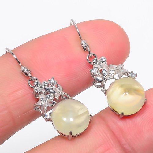 African Prehnite & Cubic Zirconia 925 Sterling Silver Jewelry Earring, Drop Dangle Earring, Gift For Her, Round Earring, Green Earring, Silver Jewelry Earring