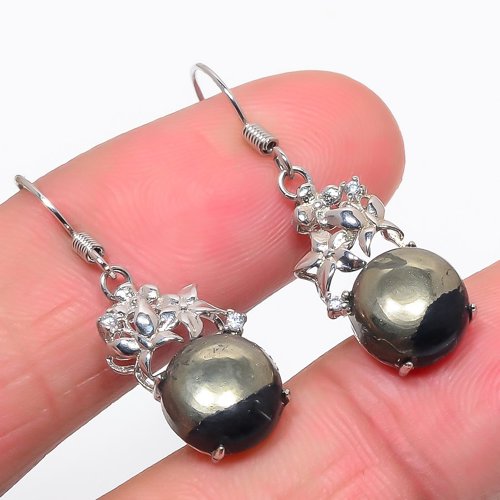 Magnetite In Pyrite & Cubic Zirconia 925 Sterling Silver Jewelry Earring, Drop Dangle Earring, Gift For Her, Round Earring, Black Earring, Silver Jewelry Earring