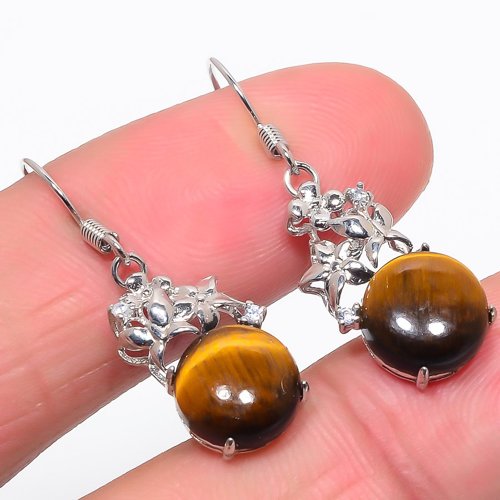 Tiger'S Eye & Cubic Zirconia 925 Sterling Silver Jewelry Earring, Drop Dangle Earring, Gift For Her, Round Earring, Yellow Earring, Silver Jewelry Earring