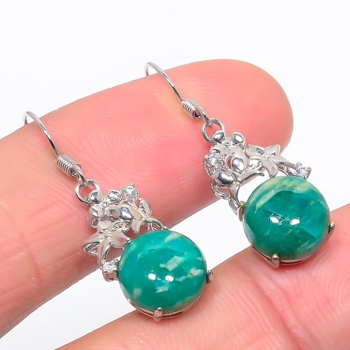 Russian Amazonite & Cubic Zirconia 925 Sterling Silver Jewelry Earring, Drop Dangle Earring, Gift For Her, Round Earring, Green Earring, Silver Jewelry Earring