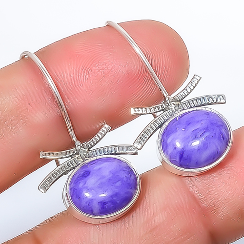 Charoite 925 Sterling Silver Earring, Drop Dangle Earring, Gift For Her, Oval Earring, Purple Earring, Silver Jewelry Earring