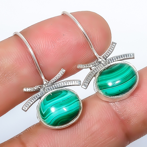 Malachite - Congo 925 Sterling Silver Earring, Drop Dangle Earring, Gift For Her, Oval Earring, Green Earring, Silver Jewelry Earring