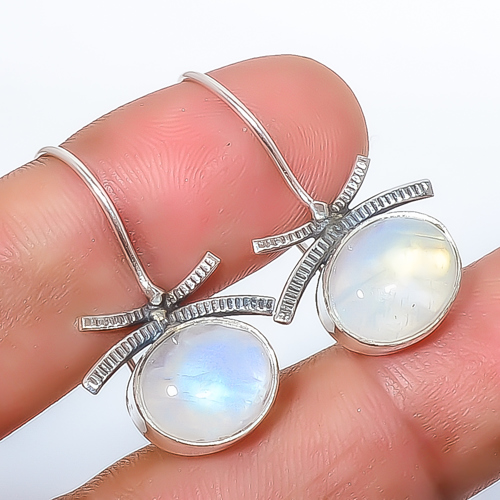 Rainbow Moonstone - Bihar 925 Sterling Silver Earring, Drop Dangle Earring, Gift For Her, Oval Earring, White Earring, Silver Jewelry Earring