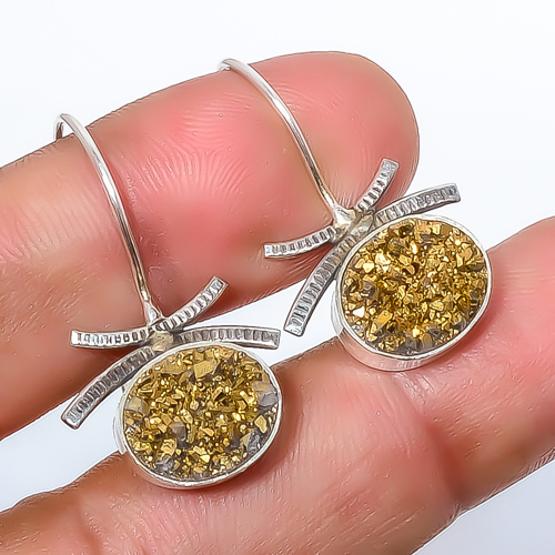 Titanium Golden Agate Drusy 925 Sterling Silver Earring, Drop Dangle Earring, Gift For Her, Oval Earring, Golden Earring, Silver Jewelry Earring