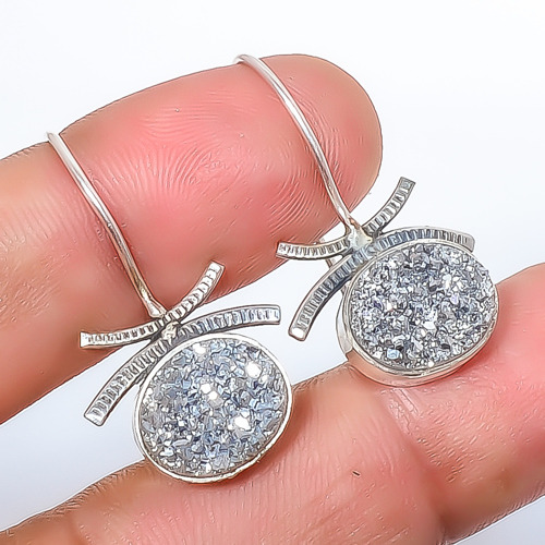 Titanium Silver Agate Drusy 925 Sterling Silver Earring, Drop Dangle Earring, Gift For Her, Oval Earring, Silver Earring, Silver Jewelry Earring