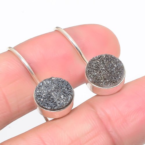 Titanium Carbon Drusy 925 Sterling Silver Earring, Drop Dangle Earring, Gift For Her, Round Earring, Brown Earring, Silver Jewelry Earring