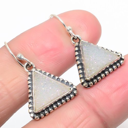 Opalite Titanium Drusy 925 Sterling Silver Jewelry Earring, Drop Dangle Earring, Gift For Her, Trillion Earring, White Earring, Silver Jewelry Earring