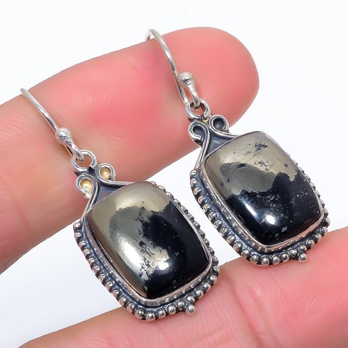Magnetite In Pyrite Vintage Style 925 Sterling Silver Jewelry Earring, Drop Dangle Earring, Gift For Her, Cushion Earring, Black Earring, Silver Jewelry Earring