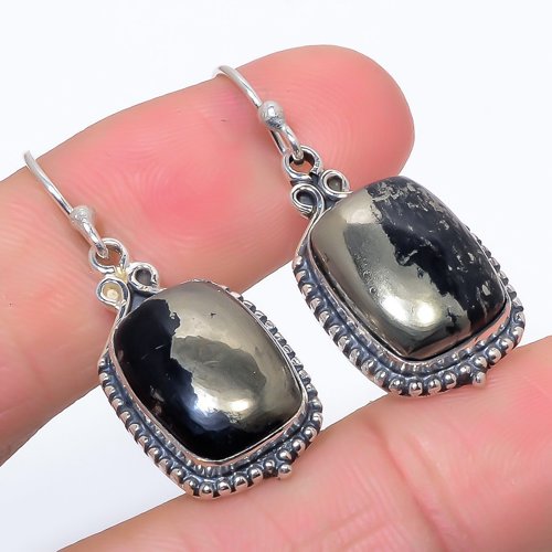 Magnetite In Pyrite Vintage Style 925 Sterling Silver Jewelry Earring, Drop Dangle Earring, Gift For Her, Cushion Earring, Black Earring, Silver Jewelry Earring