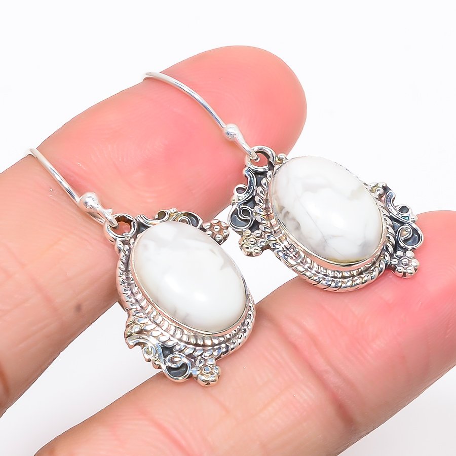 Amercian Howlite 925 Sterling Silver Vintage Style Earring 1.5" S619