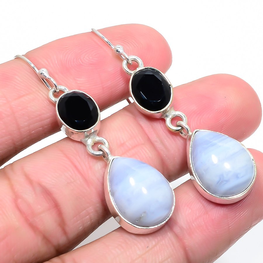 Namibian Blue Lace Agate & Black Onyx 925 Sterling Silver Jewelry Earring, Drop Dangle Earring, Gift For Her, Pear Earring, Blue Earring, Silver Jewelry Earring
