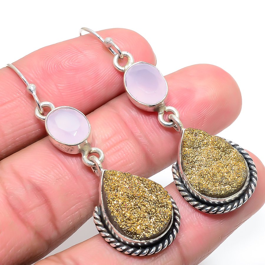 Golden Drusy & Rose Quartz 925 Sterling Silver Jewelry Earring, Drop Dangle Earring, Gift For Her, Pear Earring, Golden Earring, Silver Jewelry Earring