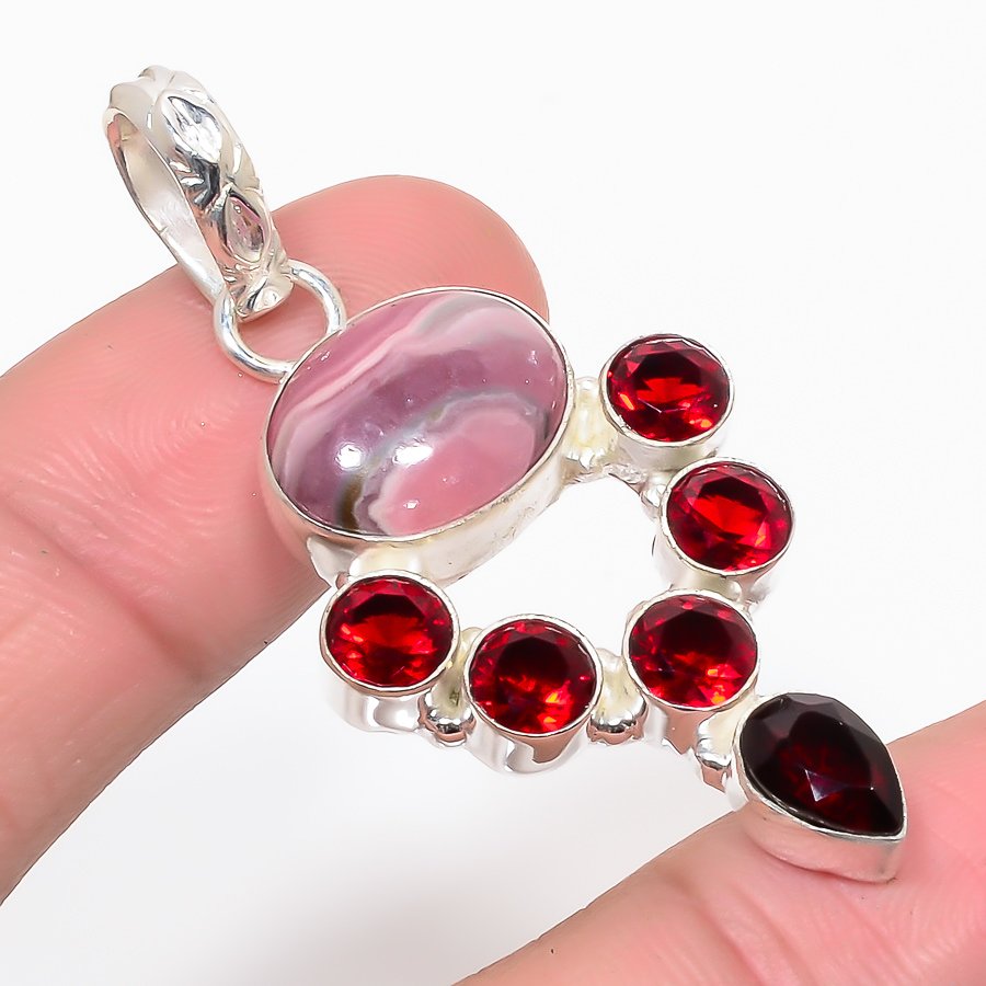 Rhodochrosite & Garnet 925 Sterling Silver Pendant, Handmade Pendant, Oval Pendant, Pink Pendant, Unique Silver Pendant, Fine Pendant, Silver Jewelry Pendant