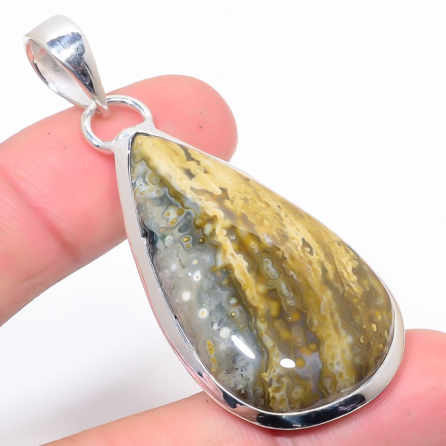 Ocean Jasper 925 Sterling Silver Pendant, Handmade Pendant, Pear Pendant, Green Pendant, Unique Silver Pendant, Fine Pendant, Silver Jewelry Pendant