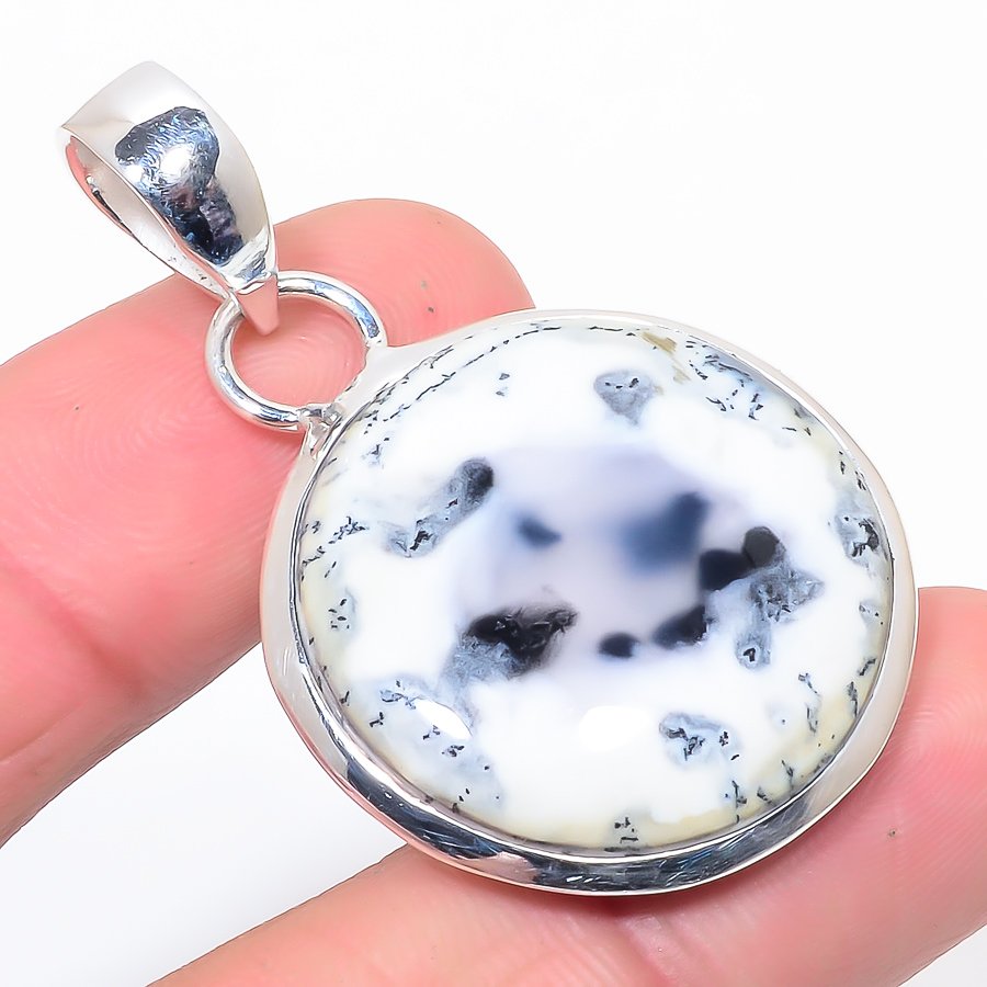 Dendritic Opal 925 Sterling Silver Pendant, Handmade Pendant, Round Pendant, White Pendant, Unique Silver Pendant, Fine Pendant, Silver Jewelry Pendant