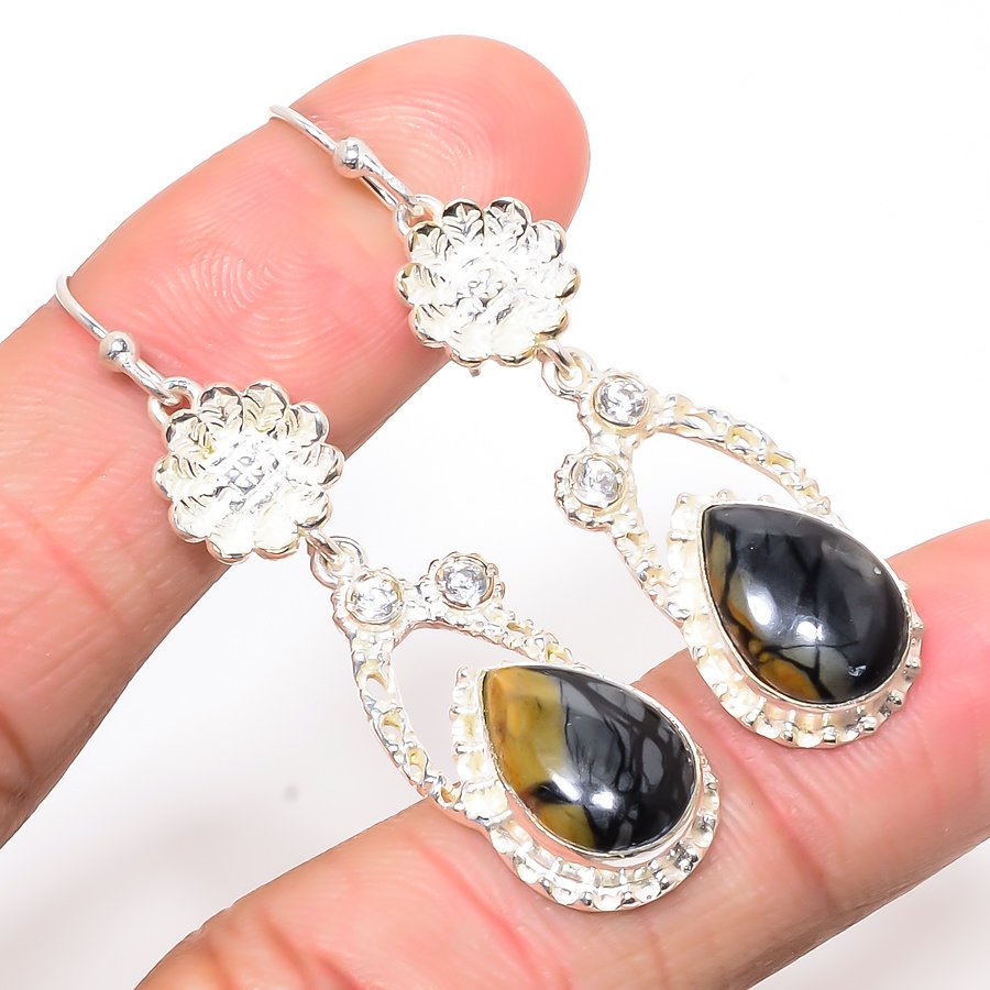 Picasso Jasper & White Topaz 925 Sterling Silver Jewelry Earring, Drop Dangle Earring, Gift For Her, Pear Earring, Black Earring, Silver Jewelry Earring