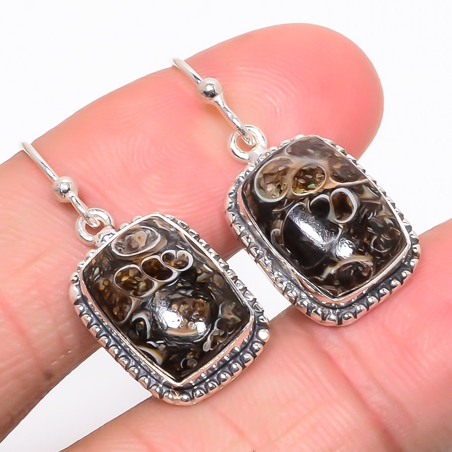 Turritella Fossil Vintage 925 Sterling Silver Jewelry Earring, Drop Dangle Earring, Gift For Her, Cushion Earring, Brown Earring, Silver Jewelry Earring