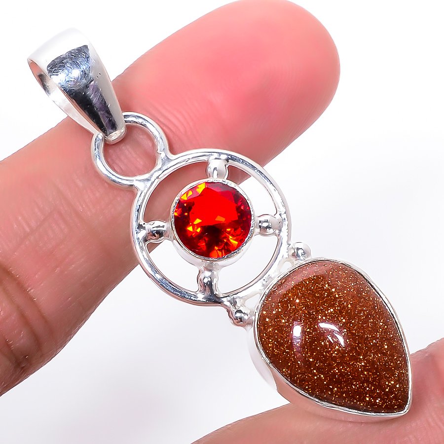 Golden Sunstone & Garnet 925 Sterling Silver Pendant, Handmade Pendant, Pear Pendant, Golden Pendant, Unique Silver Pendant, Fine Pendant, Silver Jewelry Pendant