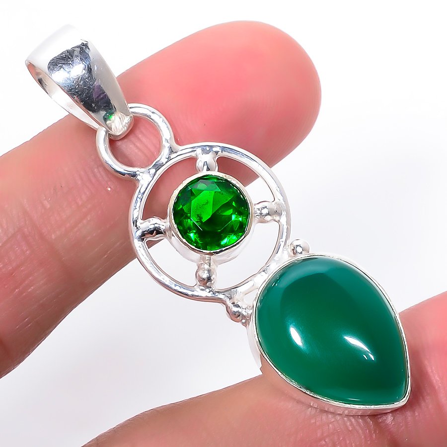 Green Onyx & Chrome Diopside 925 Sterling Silver Pendant, Handmade Pendant, Pear Pendant, Green Pendant, Unique Silver Pendant, Fine Pendant, Silver Jewelry Pendant