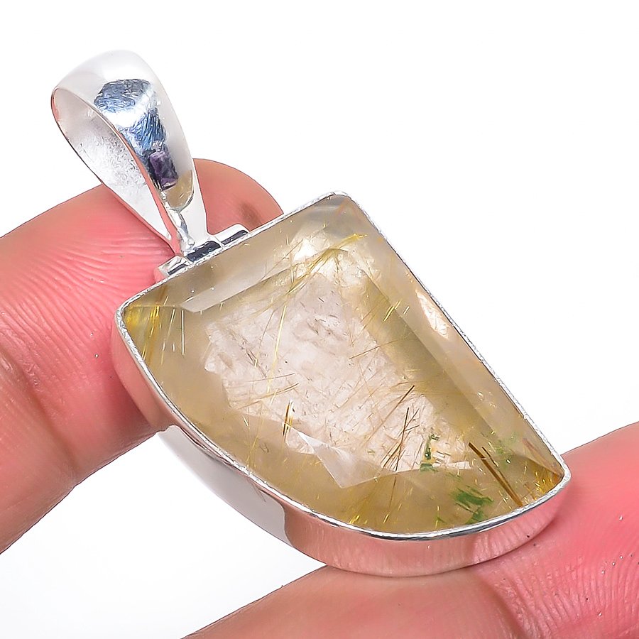 Golden Rutilated Quartz 925 Sterling Silver Pendant, Handmade Pendant, Trillion Pendant, Golden Pendant, Unique Silver Pendant, Fine Pendant, Silver Jewelry Pendant