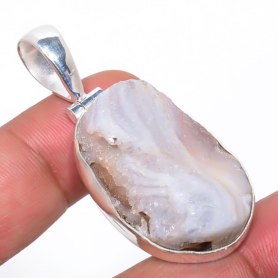 Desert Rose Drusy 925 Sterling Silver Pendant, Handmade Pendant, Oval Pendant, White Pendant, Unique Silver Pendant, Fine Pendant, Silver Jewelry Pendant