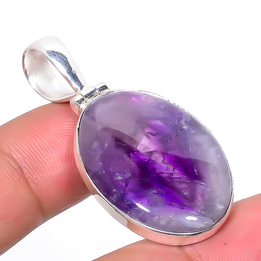 Chevron Amethyst 925 Sterling Silver Pendant, Handmade Pendant, Oval Pendant, Purple Pendant, Unique Silver Pendant, Fine Pendant, Silver Jewelry Pendant