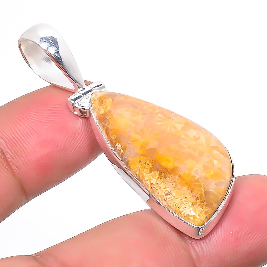 Fossil Coral 925 Sterling Silver Pendant, Handmade Pendant, Trillion Pendant, Yellow Pendant, Unique Silver Pendant, Fine Pendant, Silver Jewelry Pendant