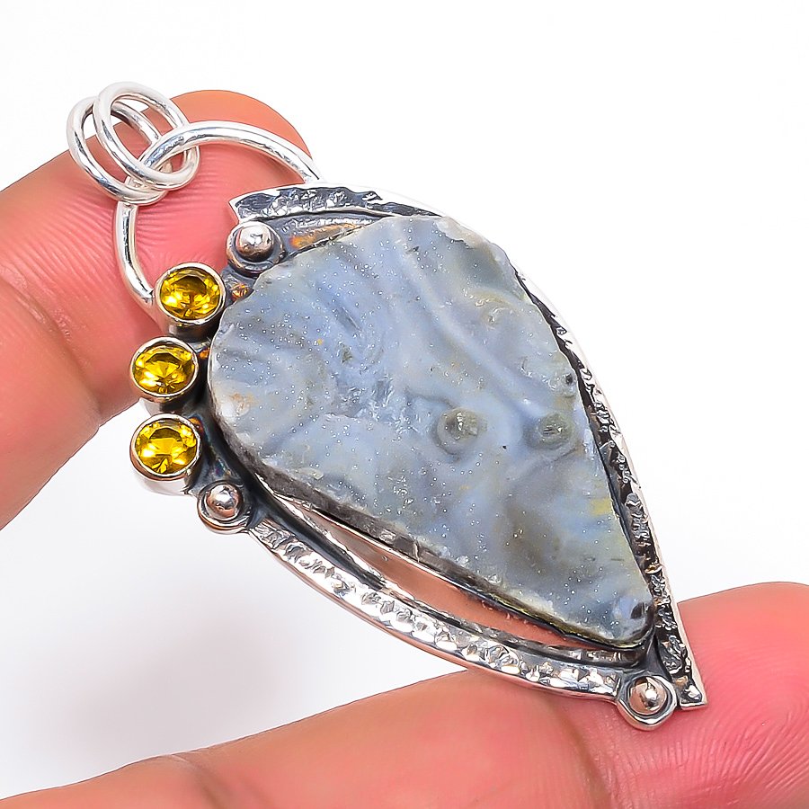 Desert Rose Drusy & Lemon Topaz 925 Sterling Silver Pendant, Handmade Pendant, Pear Pendant, Gray Pendant, Unique Silver Pendant, Fine Pendant, Silver Jewelry Pendant