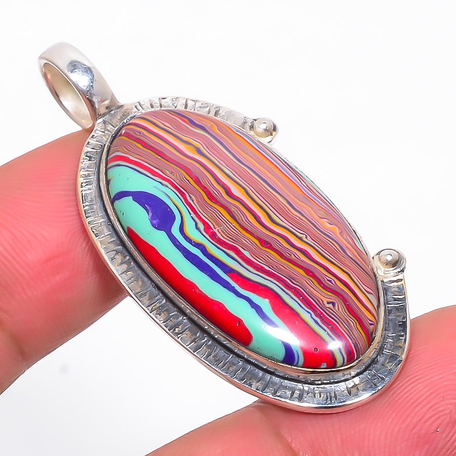 Rainbow Calsilica 925 Sterling Silver Pendant, Handmade Pendant, Oval Pendant, Red Pendant, Unique Silver Pendant, Fine Pendant, Silver Jewelry Pendant