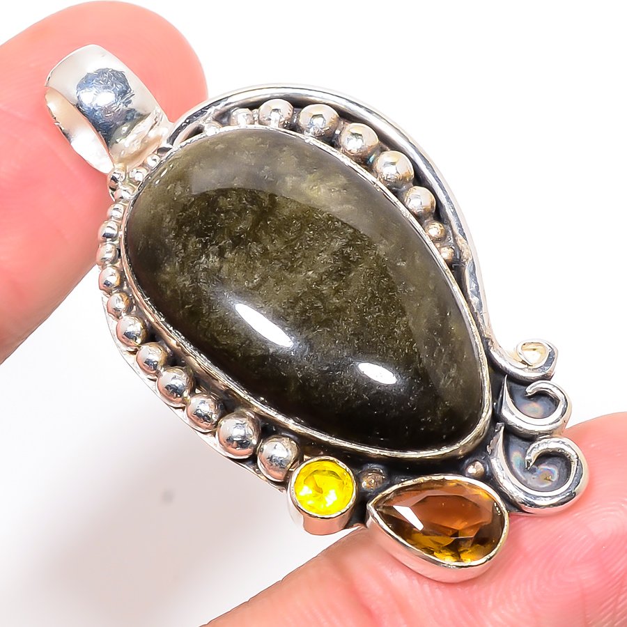 Golden Sheen Obsidian & Smoky Quartz 925 Sterling Silver Pendant, Handmade Pendant, Pear Pendant, Golden Pendant, Unique Silver Pendant, Fine Pendant, Silver Jewelry Pendant